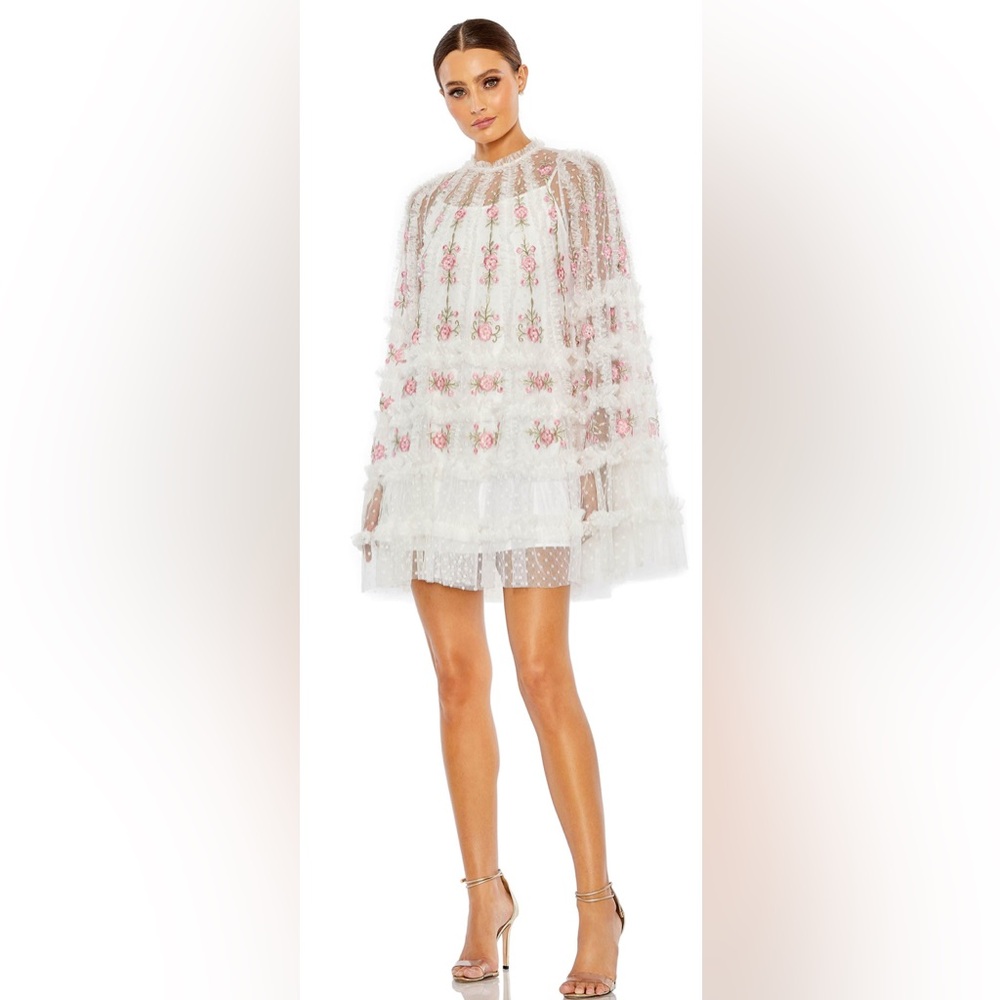 Mac Duggal Embroidered Long Flare Sleeve Mesh A-Line Dress